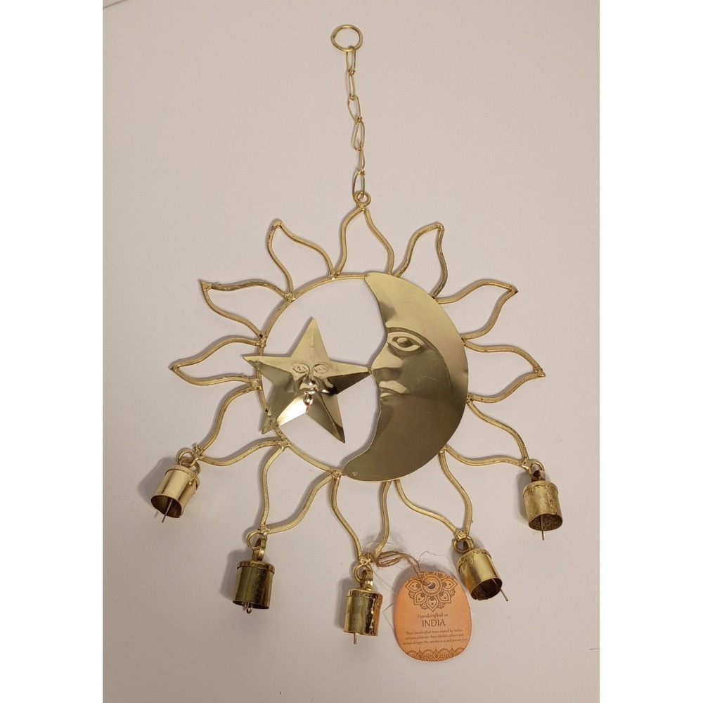 Wind Chime-Large Brass Gold-Sun-Moon-Star The Trilogy-Handmade In India-Bohemian